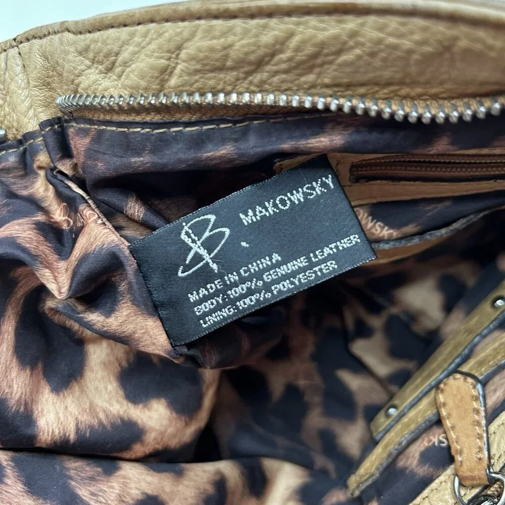 B. Makowsky Tan Leather Shoulder Bag Silver Hardware Leopard Print Lining Hobo